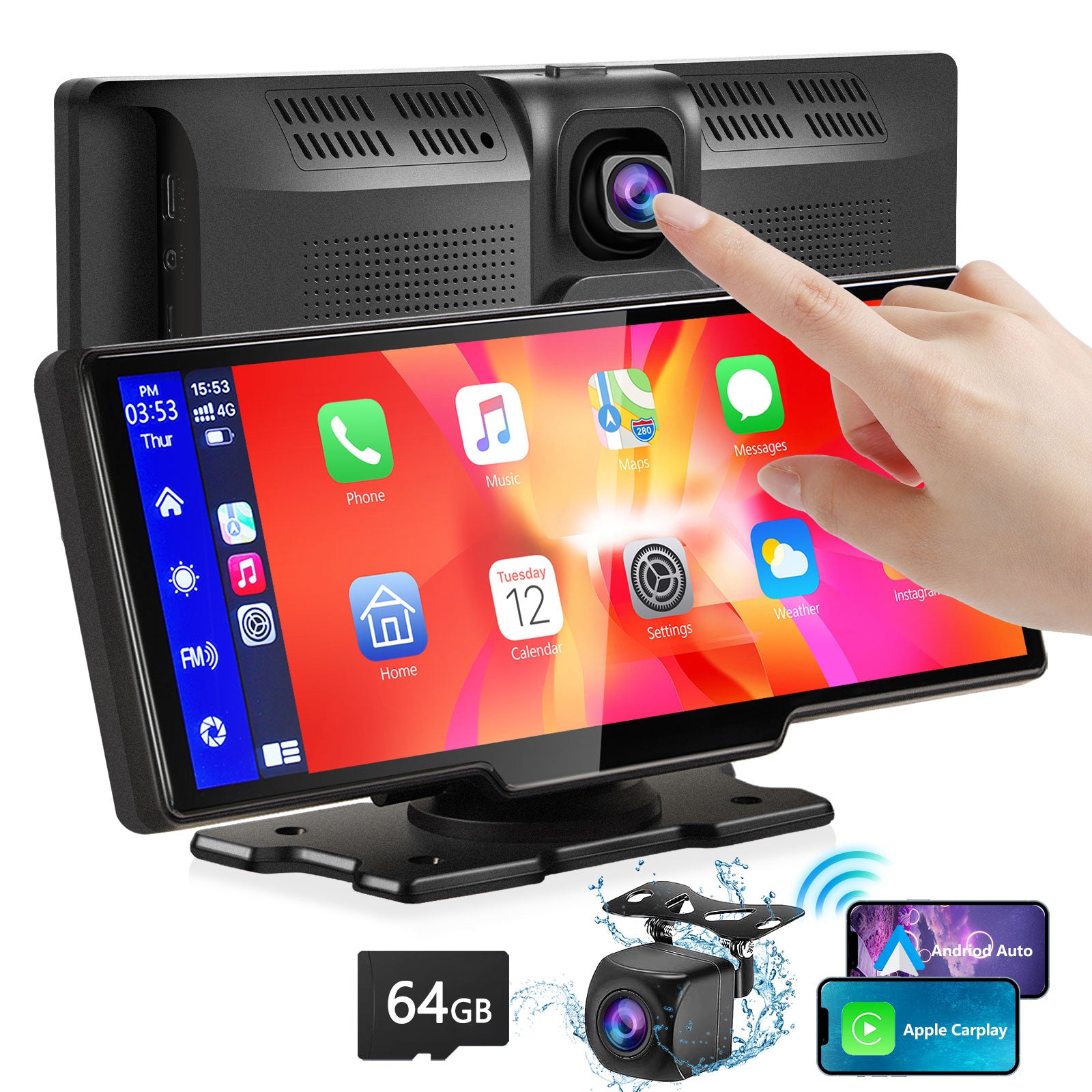 Portable Wireless Carplay with 2.5K Camera, 1080P Back Cam 9.3Inches Ultra HD Android Auto Car Play Screen for Car DVR Loop Recording, Bluetooth GPS Navigation Touch Drive Screen with FM Radio System