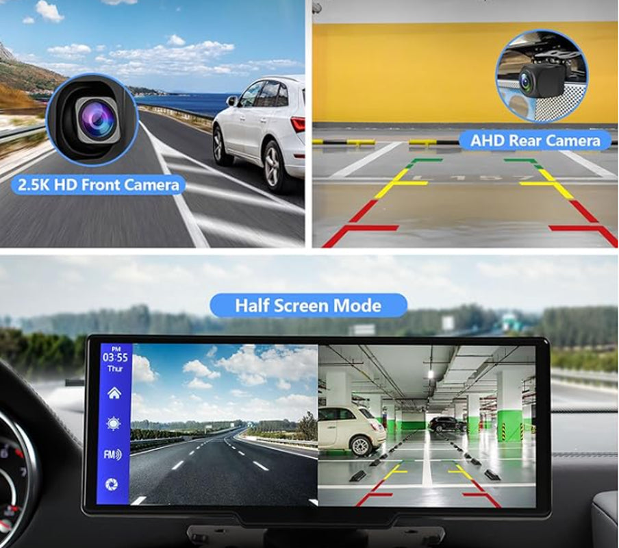 Portable Wireless Carplay with 2.5K Camera, 1080P Back Cam 9.3Inches Ultra HD Android Auto Car Play Screen for Car DVR Loop Recording, Bluetooth GPS Navigation Touch Drive Screen with FM Radio System