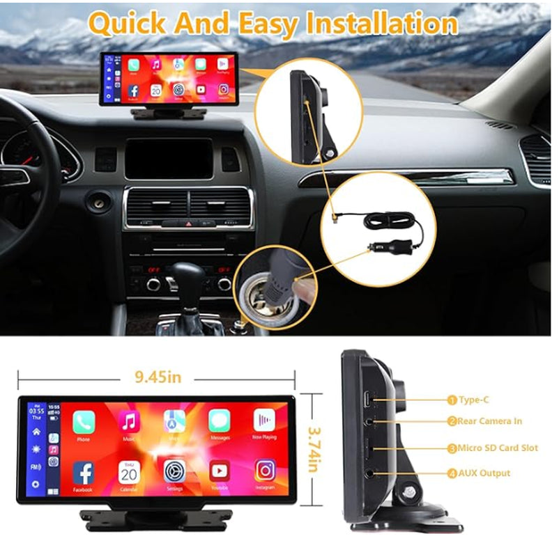 Portable Wireless Carplay with 2.5K Camera, 1080P Back Cam 9.3Inches Ultra HD Android Auto Car Play Screen for Car DVR Loop Recording, Bluetooth GPS Navigation Touch Drive Screen with FM Radio System