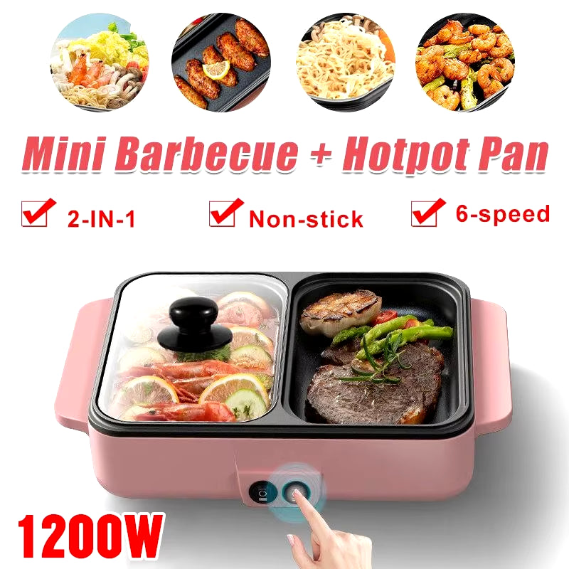 110V/220V 2 in 1 Electric Hot Pot Cooker BBQ Grill Multicooker Electric BBQ Grill Non Stick Plate Barbecue Pan Hot Pot 1200W