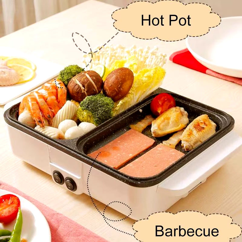 110V/220V 2 in 1 Electric Hot Pot Cooker BBQ Grill Multicooker Electric BBQ Grill Non Stick Plate Barbecue Pan Hot Pot 1200W