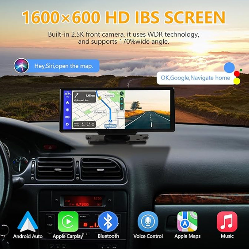 Portable Wireless Carplay with 2.5K Camera, 1080P Back Cam 9.3Inches Ultra HD Android Auto Car Play Screen for Car DVR Loop Recording, Bluetooth GPS Navigation Touch Drive Screen with FM Radio System