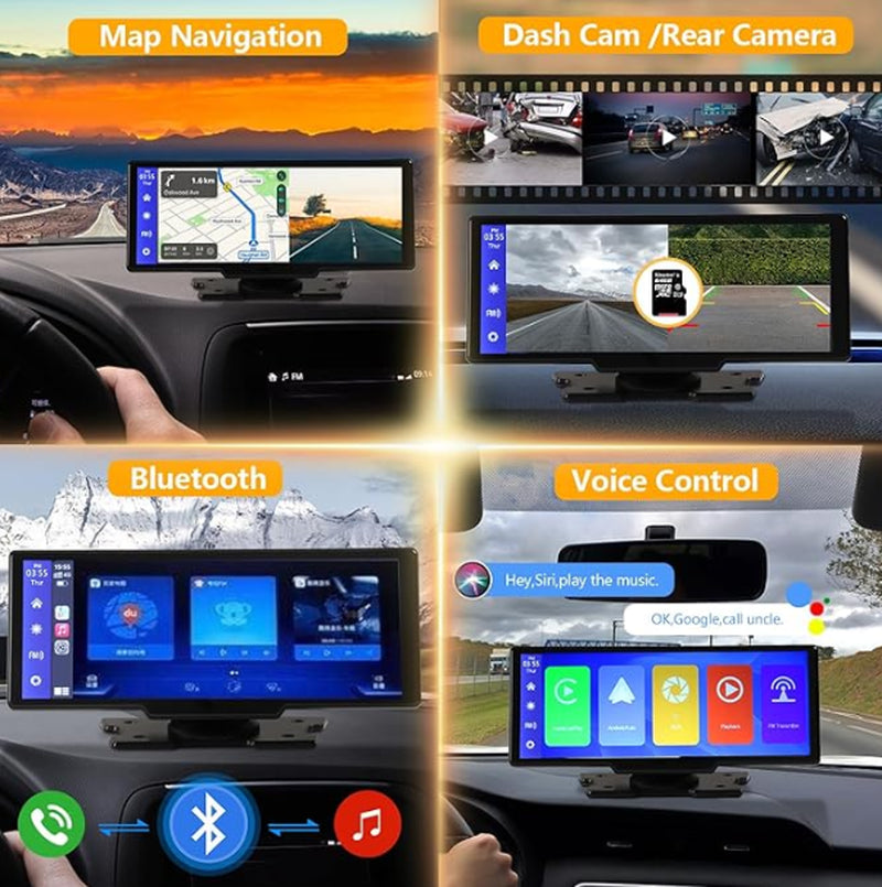 Portable Wireless Carplay with 2.5K Camera, 1080P Back Cam 9.3Inches Ultra HD Android Auto Car Play Screen for Car DVR Loop Recording, Bluetooth GPS Navigation Touch Drive Screen with FM Radio System
